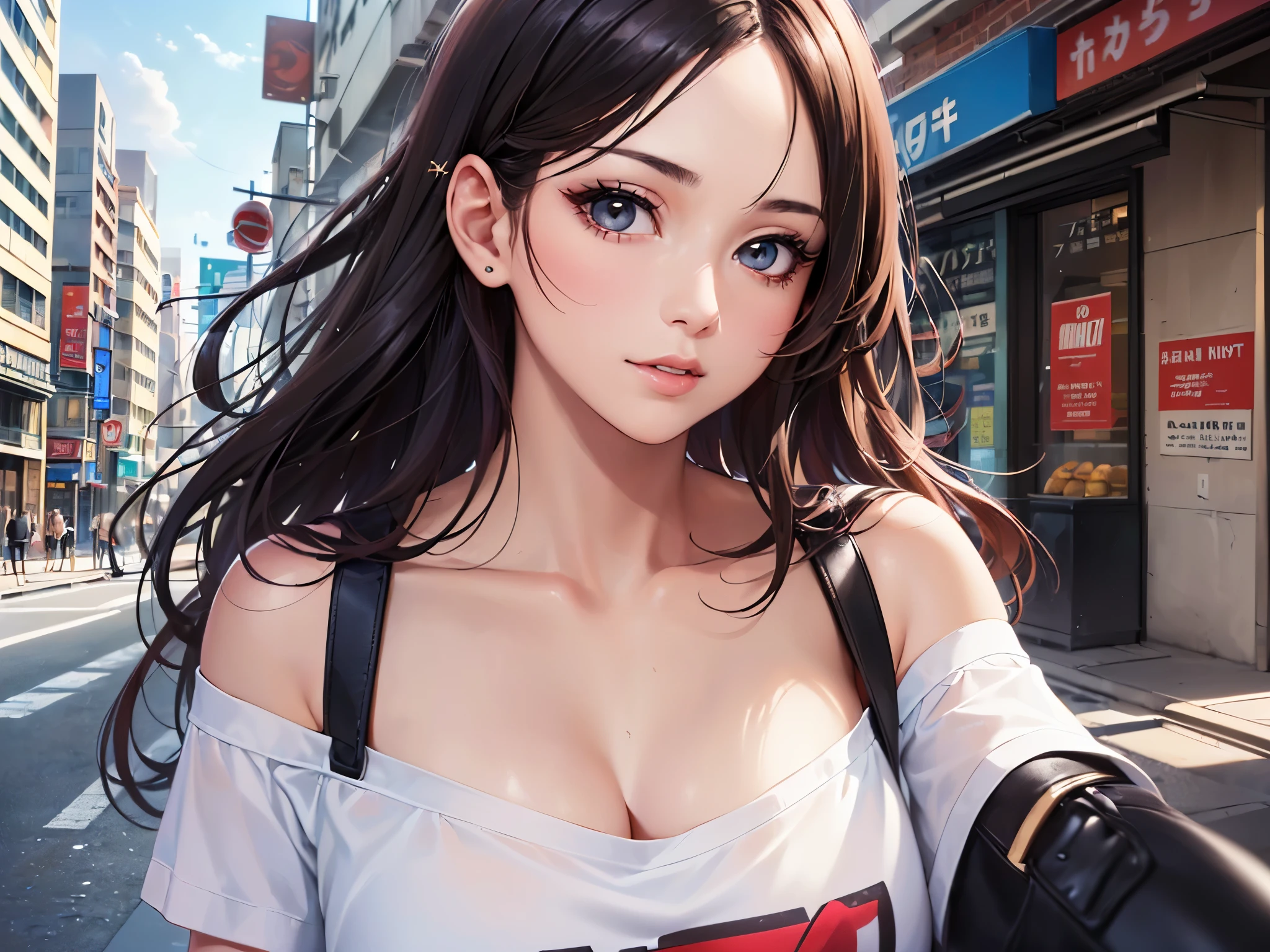 Anime girl avec de gros seins au milieu de la rue - SeaArt AI