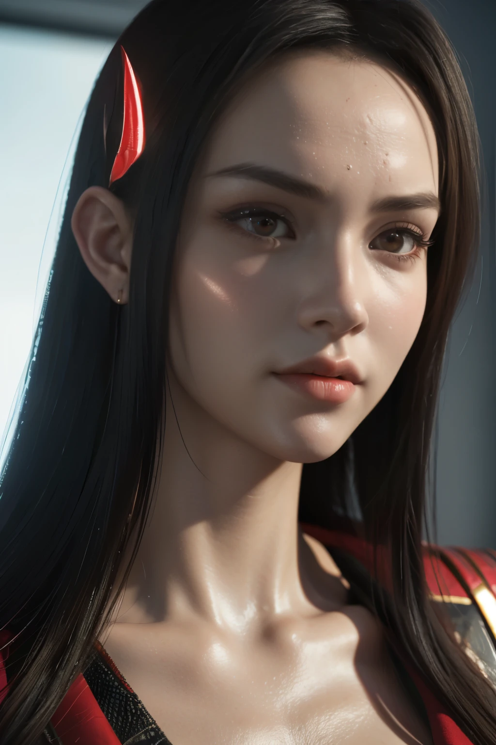 Game art，The best picture quality，Highest resolution，8K，(A bust photograph)，(Portrait)，(Head close-up:1.5)，(Rule of thirds)，Unreal Engine 5 rendering works， (The Girl of the Future)，(Female Warrior)， 22岁少女，((Pointy ears))，(Female hackers)，(White and red gradient，Ancient Oriental hairstyle)，((The pupils of the red eyes:1.3))，(A beautiful eye full of detail)，(Big breasts)，(Eye shadow)，优雅迷人，冷漠，((Anger))，(Cyberpunk jacket full of futuristic look，Joint Armor，There are exquisite Chinese patterns on the clothes，A flash of jewellery)，赛博朋克人物，未来风格， 拍照姿势，城市背景，Movie lights，Ray tracing，Game CG，((3D Unreal Engine))，oc渲染反射纹