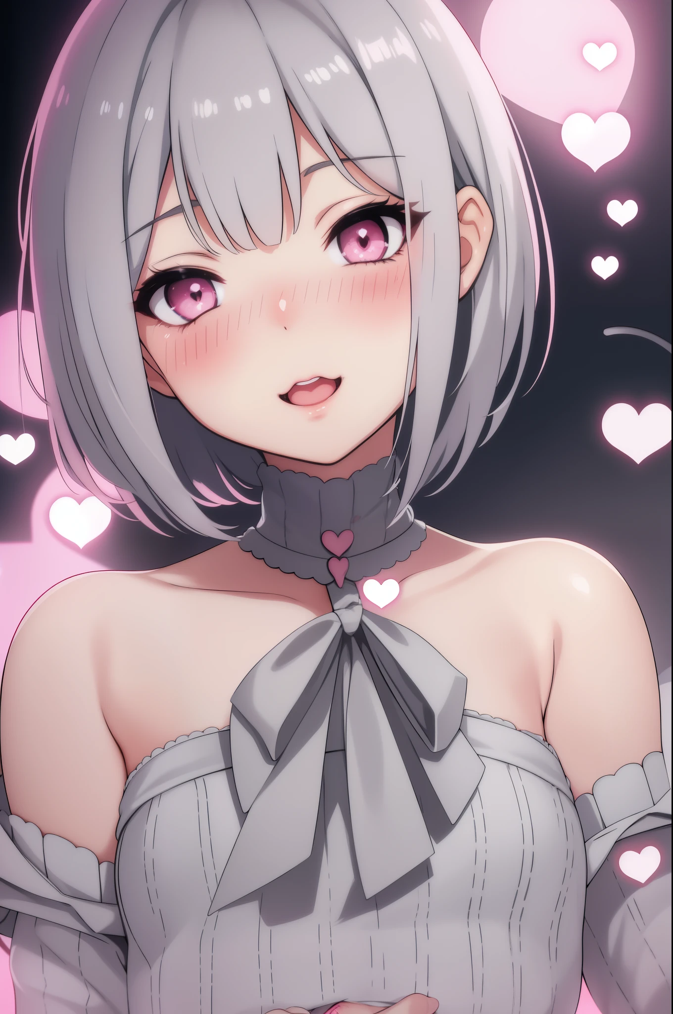 Anime girl with grey hair and pink eyes in front of hearts - SeaArt AI