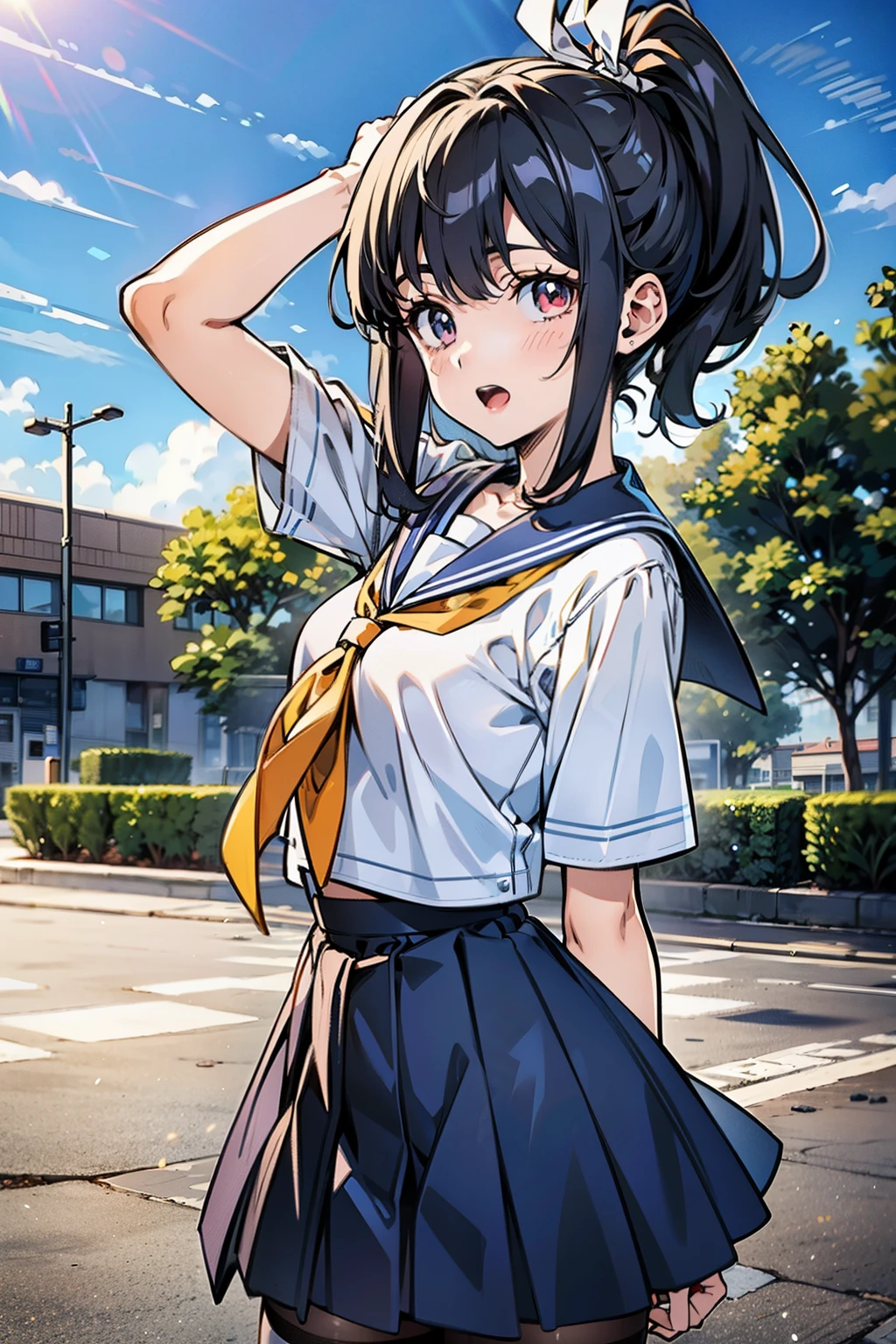 Body 8 times longer than head, (High-definition CG Unity 8K), (highest quality)，(very detailed)，(ultra high resolution), black hair, High school girl wearing a navy sailor suit, anime 2d rendering, realistic young anime , ((white headband)), small breasts, tall, slanted eyes, (school scenery), black stockings, during the day, open your mouth a little, Dark blue skirt, ponytail,  embarrassed,