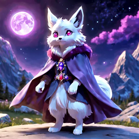 pal world nox,whole body,((blue fur)),(purple short cloak),brooch:head of state:purple gem,animal,cute,red eyes,masterpiece,beau...