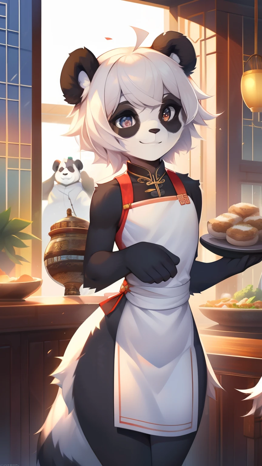 Best quality, Super detailed illustration, (1 boy:1.2), (Fluffy panda:1.4) , feminine face and body, disheveled thick hair, Chinese dress, Chef, shy smile, Femboy, small waist, wide hips, Slim, perfect body, DND style