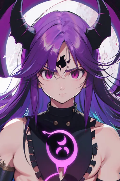 grown up, full demon mode, purple aura, long hair, demon mark on the forehead