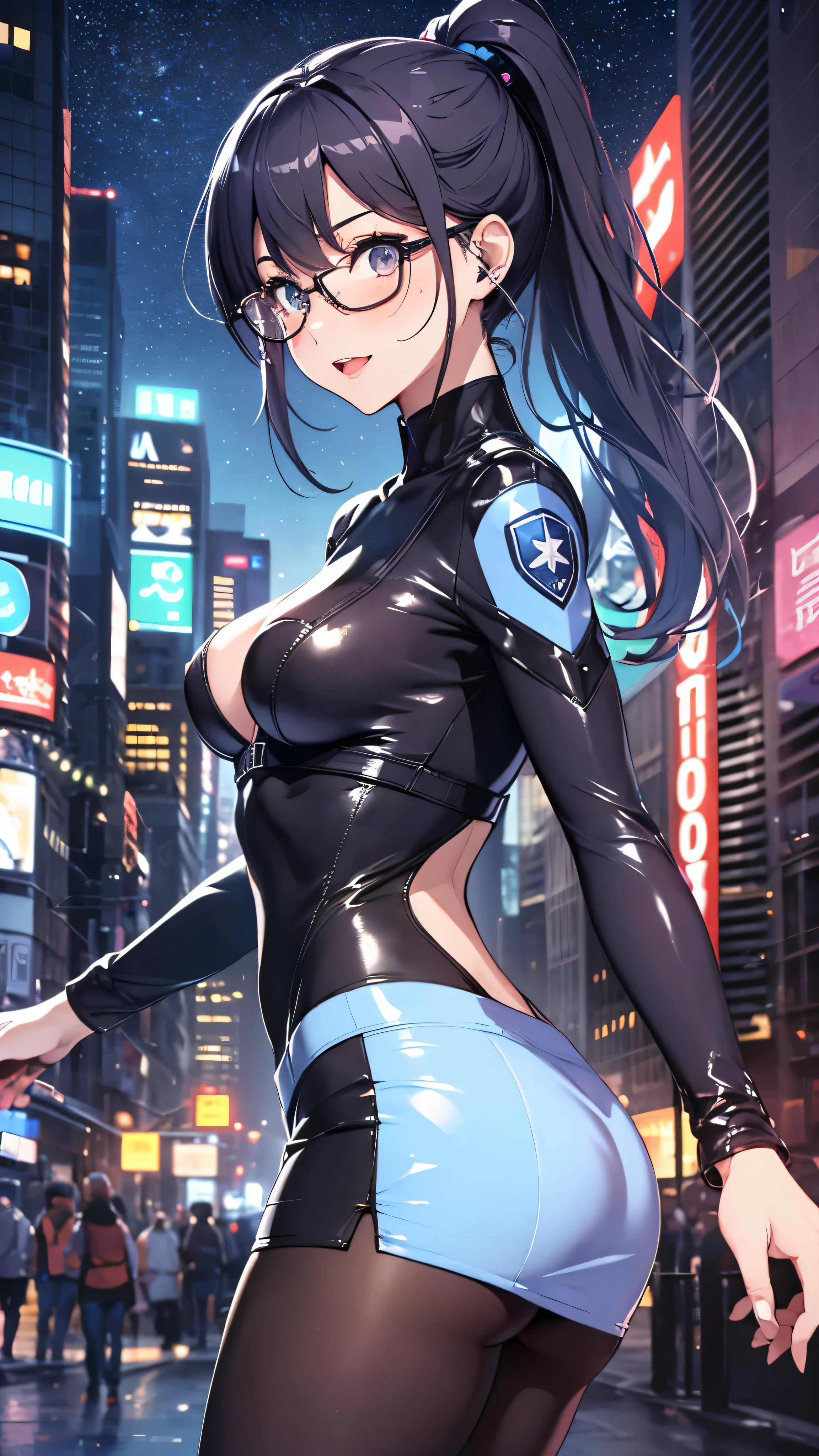 woman,25 years old,,city,night,(((white and blue tight miniskirt bodysuit))),,open mouth smile(())(Glasses),((Beautiful long ponytail)),(()),blush、surprised face,((())),((look back))wet with sweat