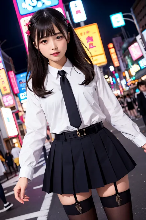 high angle shot、center view、A woman standing on a neon street at midnight、Phenomenally cute 、japanese girl uniform、summer clothe...