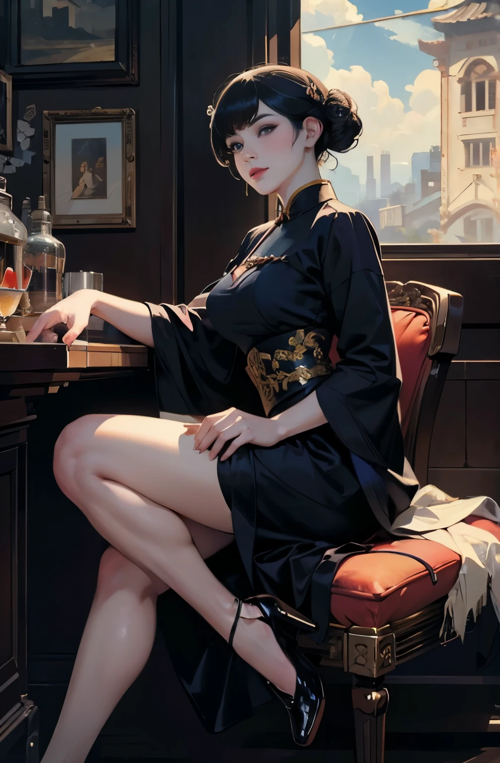 Uma pintura de uma bela jovem parada em silêncio, 美しいHong Kongの夜景, flor da sociedade, Ela está vestindo um elegante cheongsam roxo, inspirado em Chen Yifei, Inspirado por Francesco Hayez, Inspirado por Hendrik Terbruggen, João＝Obras que influenciaram Auguste Dominique Ingres, inspirado em Liu Jun, João＝Obras que influenciaram Auguste Dominique Ingres, mais alta qualidade, ângulo perfeito, composição perfeita, melhor tiro, arte oficial, luz cinematográfica, arte figurativa, Pinturas lindas e expressivas, Bela ilustração de arte, maravilhoso, beleza legal, claro, misterioso, mais alta qualidade, arte oficial, composição perfeita,ângulo perfeito, melhor tiro, Só Mulheres, contorno nítido, No meio de uma conspiração, O rosto nos bastidores, oficial do governo sombrio, missão sombria, agente de primeira classe, agente público, Espião de renome, Uma talentosa espiã, linda espiã feminina, Lindos olhos com comprimento de fenda, rosto muito lindo, ESPIÃO, ESPIÃO X21, carregue uma arma e uma faca escondidas, olhos sem pupilas, olho de cor, ideal anima,　Melancólico, nostalgia, romântico, 1930s, Hong Kong, bela paisagem urbana, memórias sépia, mulher inesquecível, Esbian de corpo inteiro