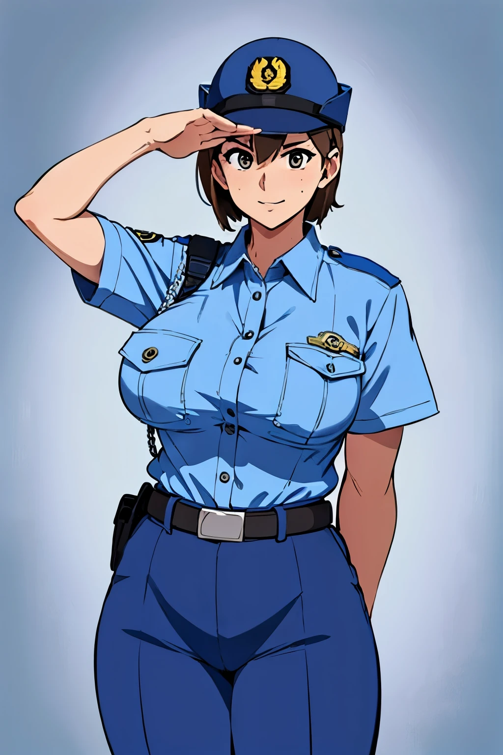 pechos grandes,uniforme de policia, camisa azul claro, pantalones azules, bolsillo del pecho, mejor calidad, obra maestra,blue cap,cinta negra,Mujer policía,policía jp,Pelo castaño,NSFW