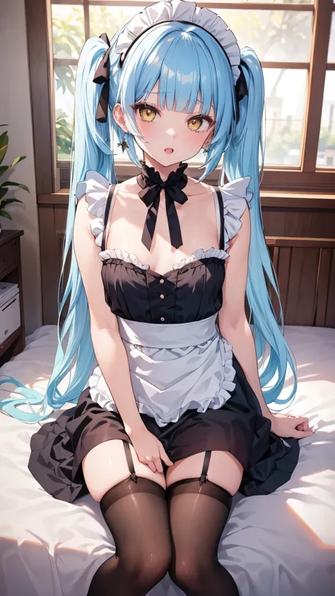 (8K、best image quality、highest quality、masterpiece)、detailed face、light blue hair、twintails、hime cut、blunt bangs、yellow eyes、evi...