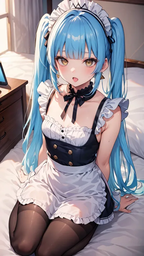 (8K、best image quality、highest quality、masterpiece)、detailed face、light blue hair、twintails、hime cut、blunt bangs、yellow eyes、evil small、earrings、open mouth、0pen、Tongue out、small breasts、((maid))、camisole、miniskirt、black pantyhose、on the bed、wariza、whole bo...