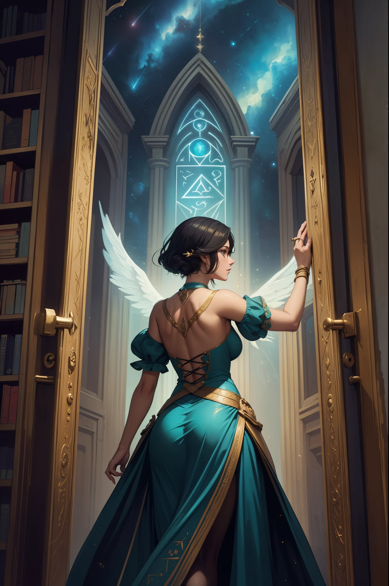 high details, best quality, 16k, [best detailed], masterpiece, best quality, (extremely detailed), a view from the rear (best details, Masterpiece, best quality), photorealistic, fantasy art, RPG art, a picture of a human sorceress sittings in her magical lab, opening a  large (magical doorway: 1.2), with magical runes on it, looking into the (heavens: 1.3), epic beautiful human woman (best details, Masterpiece, best quality), ultra detailed face (best details, Masterpiece, best quality), black hair, short hair, green eyes, dynamic dress (best details, Masterpiece, best quality), magical library, the magical doorway opens into the heavens and you can see angels flying, glowing arcane sigils GlowingRunes_paleblue, crystal ball (best details, Masterpiece, best quality) fantasy magical library background (best details, Masterpiece, best quality)