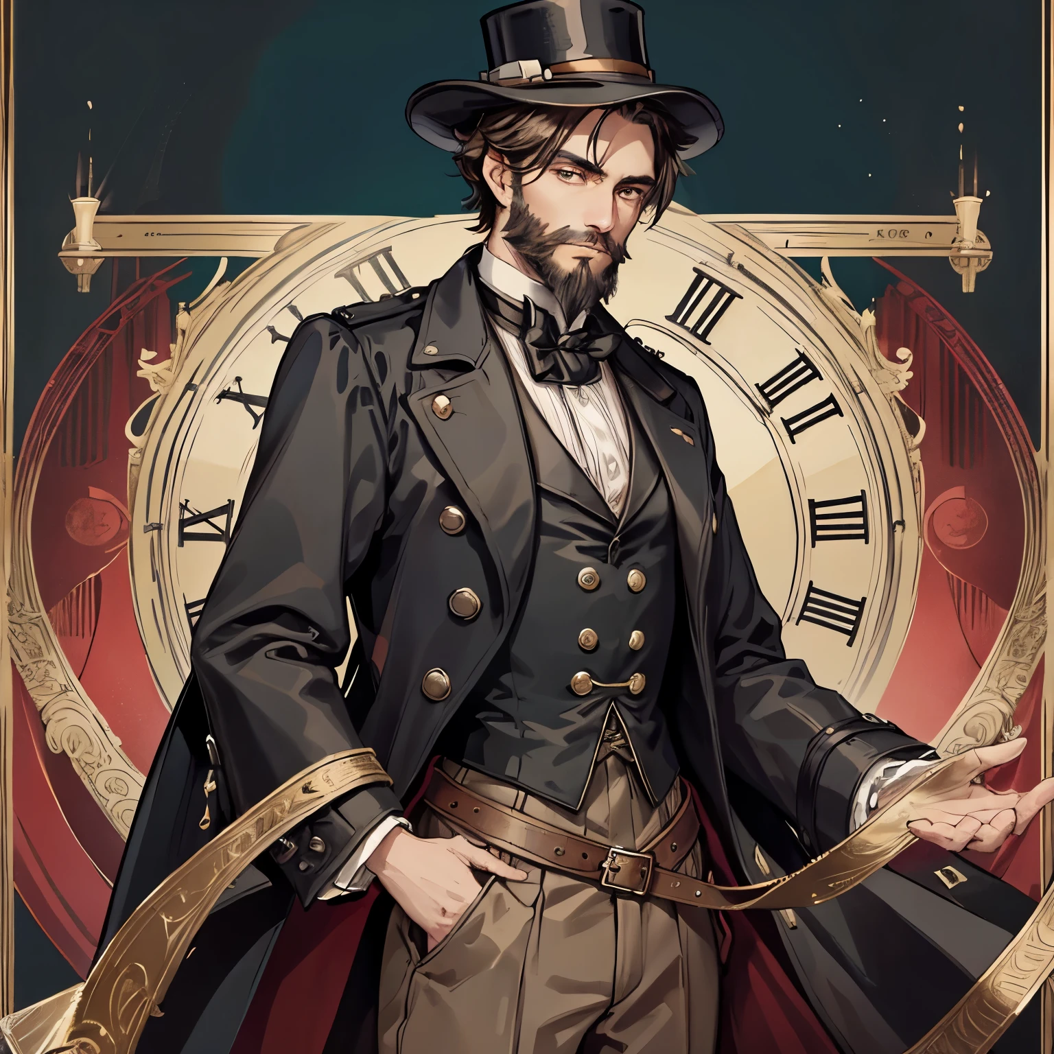 Victorian era, 1man in his late twenties, youngl man wearing a hat, stubble beard, wearing a black trench coat, background victorian era London , 8K image quality