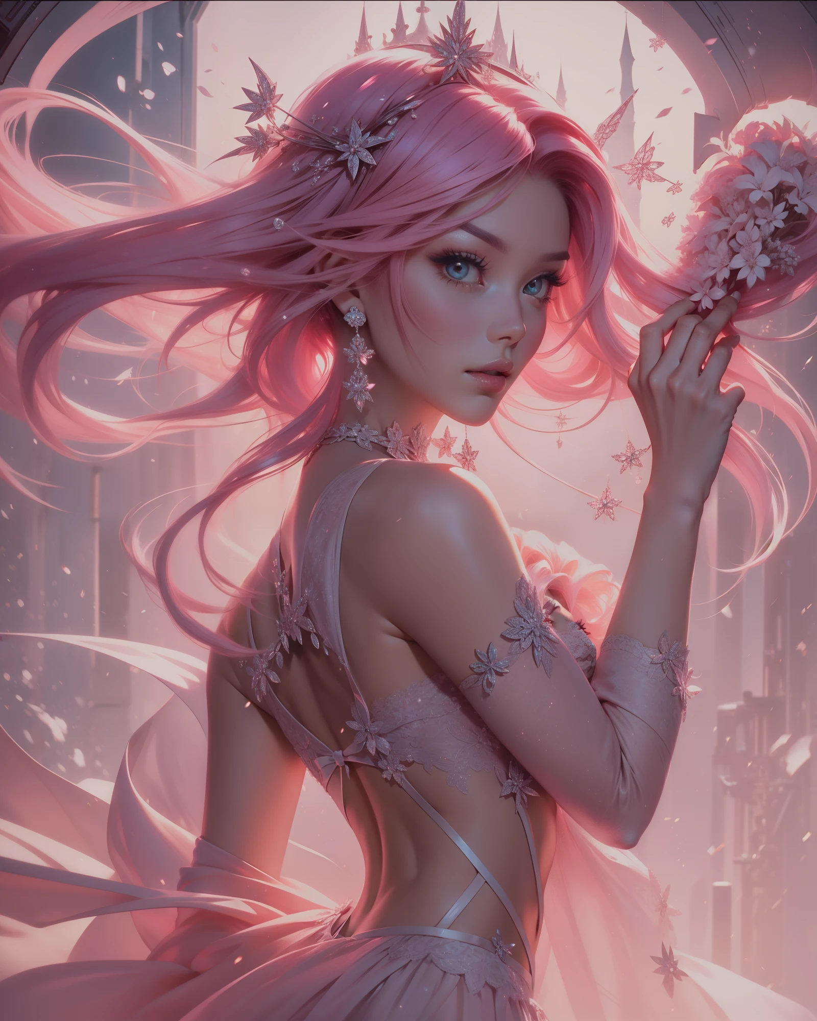 ((ピンクの髪)) ショートヘア, ピンクの髪,,一人で, 女神