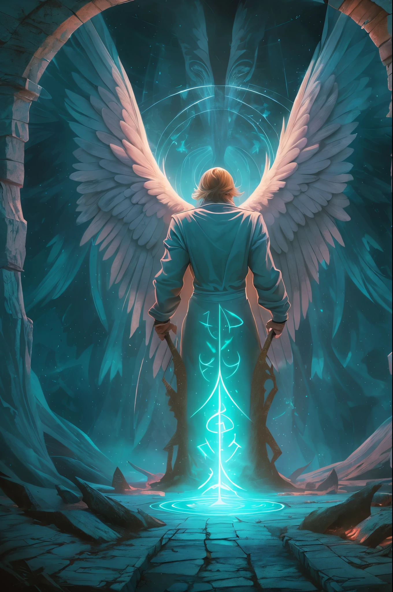 high details, best quality, 16k, [best detailed], masterpiece, best quality, (extremely detailed), a view from the rear an angel looking through  a magical portal onto hell, GlowingRunes_paleblue,