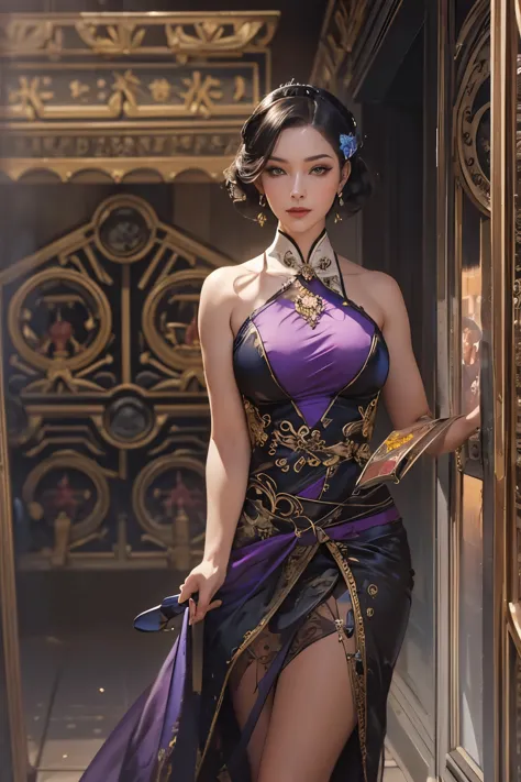 A beautiful woman wearing a purple cheongsam is standing in the room, Photorealistic painting by Cynthia Shepherd, cgsociety con...