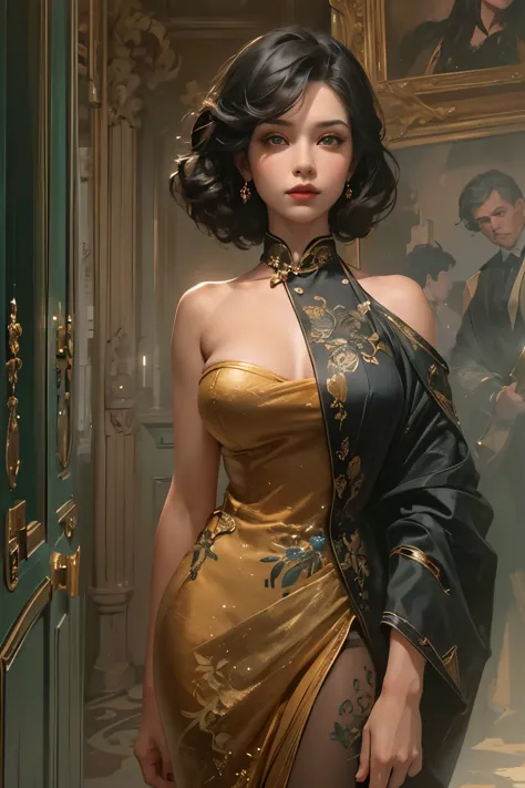 A beautiful woman wearing a purple cheongsam is standing in the room, Beautiful woman in her late 27s, Photorealistic painting b...