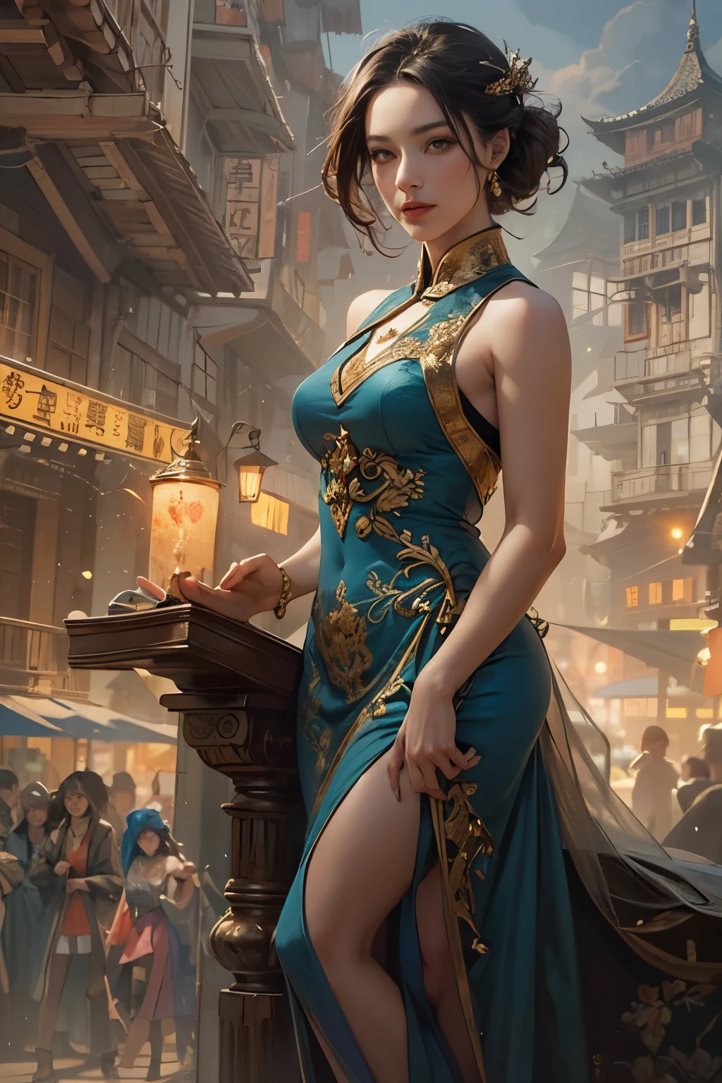 A beautiful woman wearing a purple Chinese dress stands quietly., Beautiful woman in her late 27s, Photorealistic painting by Cynthia Shepherd, cgsociety contest winner, fantasy art, Style Ivan Talavera and Artgerm, elegant cinematic pose, Charlie Bowater Rich Deep Colors, beautiful attractive anime woman, style of charlie bowater, surreal art nouveau style, stunning elegant pose, hyperrealistic fantasy art, highest quality, perfect angle, perfect composition, best shot, official art, cinematic light, figurative art, Beautiful and expressive paintings, Beautiful artwork illustration, wonderful, cool beauty, clear, Mysterious, highest quality, official art, perfect composition,perfect angle, best shot, women only, sharp outline, In the middle of a conspiracy, The face behind the scenes, dark government official, dark mission, first class agent, government agent, Top big-name spy, A talented female spy, beautiful female spy, extremely detailed and beautiful eyes, Beautiful eyes with slit length, quite beautiful face, A talented secret agent, sabotage specialist, Spy X21, carry a concealed gun and knife, Eyes without pupils, color eye, ideal anima,　melancholy, nostalgia, romantic, 1930s, Hongkong, beautiful cityscape, sepia memories, unforgettable woman, Full body Esbian, hard boiled