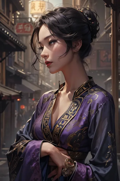 A beautiful woman wearing a purple Chinese dress stands quietly., Beautiful woman in her late 27s, Photorealistic painting by Cy...