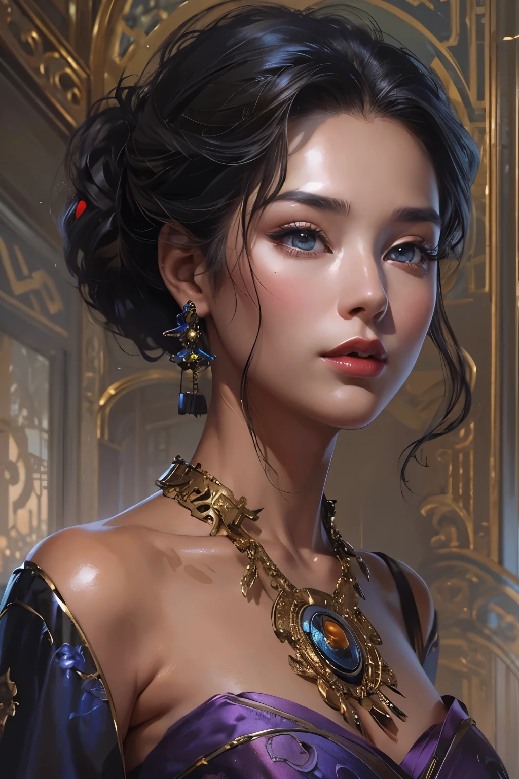 Eine schöne Frau in einem lila chinesischen Kleid steht ruhig., Schöne Frau Ende 27, Fotorealistisches Gemälde von Cynthia Shepherd, Gewinner des cgsociety-Wettbewerbs, Fantasy-Kunst, Style ivan talavera and artgerm, elegante filmische Pose, Charlie Bowater satte, tiefe Farben, schöne attraktive Anime-Frau, Stil von Charlie Bowater, surrealer Jugendstil, atemberaubende elegante pose, hyperrealistic Fantasy-Kunst, höchste Qualität, perfekter Winkel, perfekte Komposition, bester Schuss, offizielle Kunst, filmisches Licht, figurative Kunst, Schöne und ausdrucksstarke Gemälde, Wunderschöne Kunstwerkillustration, wunderbar, coole Schönheit, klar, geheimnisvoll, höchste Qualität, offizielle Kunst, perfekte Komposition,perfekter Winkel, bester Schuss, Nur Frauen, scharfe Kontur, Mitten in einer Verschwörung, Das Gesicht hinter den Kulissen, dunkler Regierungsbeamter, dunkle Mission, erstklassiger Agent, Regierungsagent, Top-Spion mit großem Namen, Eine talentierte Spionin, schöne Spionin, extrem detaillierte und schöne Augen, Schöne Augen mit Schlitzlänge, ganz hübsches Gesicht, Groß und schlank, Ein talentierter Geheimagent, Sabotagespezialist, Spion X21, eine versteckte Waffe und ein Messer tragen, Augen ohne Pupillen, farbe auge, ideales Tier,　Melancholie, Nostalgie, romantisch, 1960er Jahre, Hongkong, schönes Stadtbild, Sepia-Erinnerungen, unvergessliche Frau, Ganzkörper Esbisch, hart gekocht