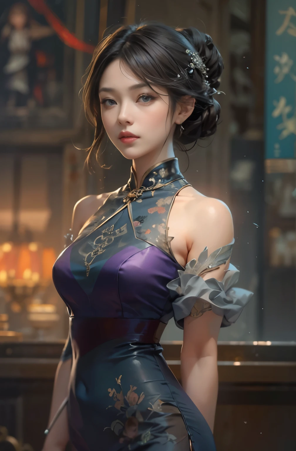 A painting of a beautiful young woman standing quietly, 美しいHong Kongの夜景, flower of society, She is wearing an elegant purple cheongsam, Gwaites style artwork, Artjam and Ati Gailan, beautiful character drawings, Written by Jean Jay., style art buds, Artjam and Luan Jia, art gelm style, Ruan Jia and Artgerm, highest quality, perfect angle, perfect composition, best shot, official art, cinematic light, figurative art, Beautiful and expressive paintings, Beautiful artwork illustration, wonderful, cool beauty, clear, Mysterious, highest quality, official art, perfect composition,perfect angle, best shot, women only, sharp outline, In the middle of a conspiracy, faces behind the scenes, dark government official, dark mission, first class agent, Government agencies, Top class big name spy, Talented female spy, Beautiful women spy, Beautiful slit eyes, pretty much beautiful face, spy, spy X21, carrying a concealed gun and knife, Eyes without pupils, color eye, ideal anima,　melancholy, nostalgia, romantic, 1930s, Hong Kong, beautiful cityscape, sepia memories, unforgettable woman, Full body Esbian