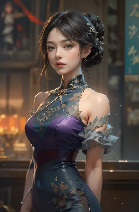 A painting of a beautiful young woman standing quietly, 美しいHongkongの夜景, flower of society, She is wearing an elegant purple cheo...