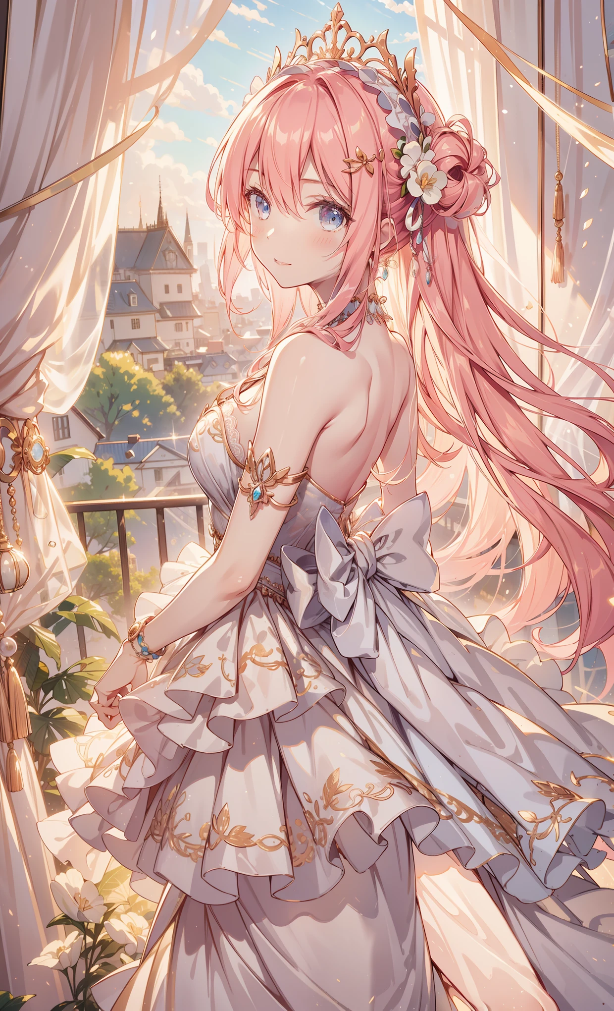 (best quality, high resolution, textured skin, high quality, high detail,Extremely detailed CG unification),teenage girl，obsessed，Divine happiness，Being in love，having fun，(Heavenly Maxi and Ballgown Combinations)，pink hair，blue eyes，(Fabric headdresinimalism，multi-layered ruffles，lace，delicate embroidery，Beautiful pattern，Fabric headdress，dress nicely，sheer transparent clothes，bedroom，Light，(Looks like it&#39;s covered by a transparent skirt:1.1)，Light，night，the only person，fluttering skirt，Exquisite and beautiful face，dynamic angle