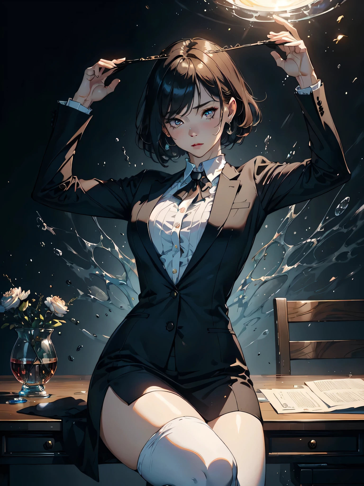 Portrait of office lady in strict suit, company employee, business woman. (face: double eyelid, thick lips, blush), (performance: disgusted="half closed eyes"), "(hair: redhaid short hair)", (stop temporarily: Raise your arms and straddle your legs) (masterpiece:1.2, highest quality, digital art, Surreal details, detailed digital art, realistic texture, Detailed CG, very detailed, digital illustration, Fisheye Mezmerizing View)