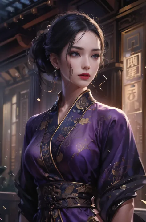 A beautiful woman wearing a purple Chinese dress stands quietly., Beautiful woman in her late 30s, Photorealistic painting by Cy...