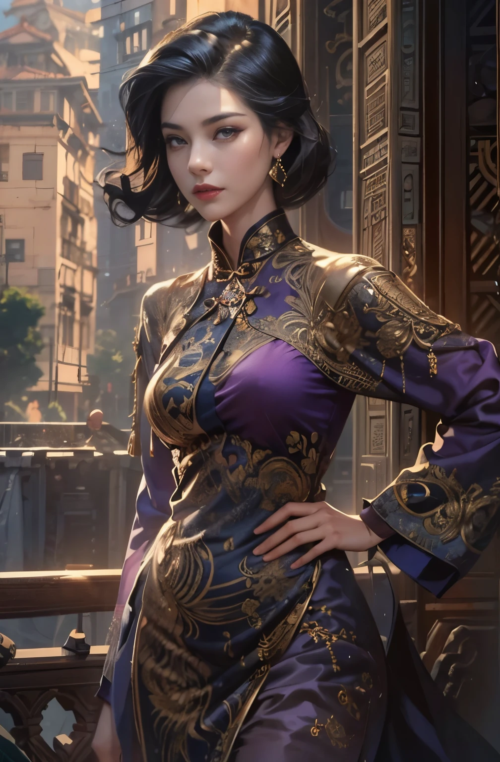 A beautiful woman wearing a purple Chinese dress stands quietly., very beautiful woman in her late 20s, Photorealistic painting by Cynthia Shepherd, cgsociety contest winner, fantasy art, Style Ivan Talavera and Artgerm, elegant cinematic pose, Charlie Bowater Rich Deep Colors, beautiful attractive anime woman, style of charlie bowater, surreal art nouveau style, stunning elegant pose, hyperrealistic fantasy art, highest quality, perfect angle, perfect composition, best shot, official art, cinematic light, figurative art, Beautiful and expressive paintings, Beautiful artwork illustration, wonderful, cool beauty, clear, Mysterious, highest quality, official art, perfect composition,perfect angle, best shot, women only, sharp outline, In the middle of a conspiracy, The face behind the scenes, dark government official, dark mission, first class agent, government agent, Top big-name spy, A talented female spy, beautiful female spy, extremely detailed and beautiful eyes, Beautiful eyes with slit length, quite beautiful face, Tall and lean, A talented secret agent, sabotage specialist, Spy X21, carry a concealed gun and knife, Eyes without pupils, color eye, ideal anima,　melancholy, nostalgia, romantic, 1960s, Hongkong, beautiful cityscape, sepia memories, unforgettable woman, Full body Esbian, hard boiled