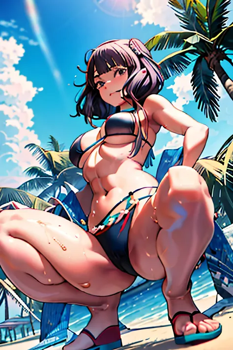 anime girl in bikini sitting on a beach with palm trees, seductive anime girl, extremely detailed types of bacteria, beautiful and attractive anime woman, realistic bikini, beautiful anime girl, beautiful anime girl squatting, Beautiful charming anime teen...