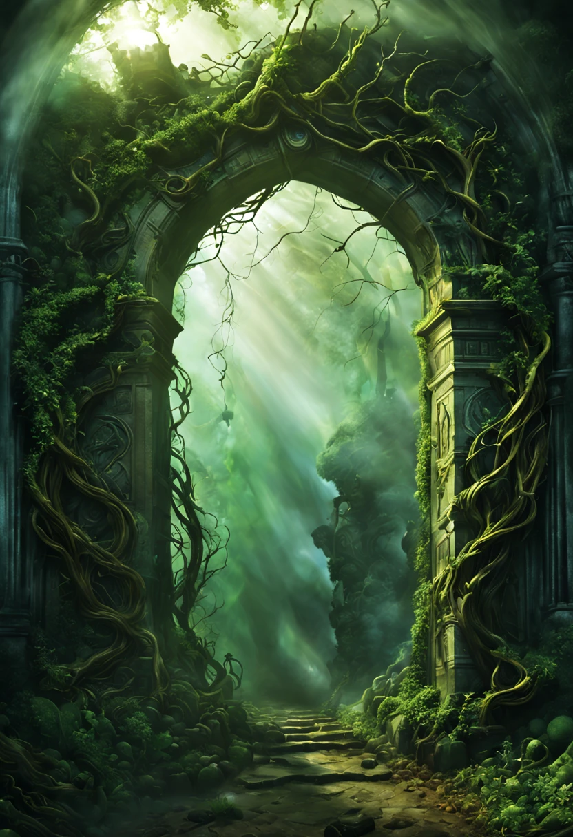   Lost History The Gate of Time and Space carries the Forgotten History，Take you back to ancient times，Explore a lost secret with an arched entrance to a carved stone fantasy world with intricate tangles of green vines、The art of entanglement is unpredictable and full of mystery. The forgotten gate of time and space connects the ancient gods. The magical world emits green light. Complex design. Mysterious mist.,Emitting a dim light, the portal of time and space carries mystery and unknown，Make you an explorer，Unveiling the veil of history，Explore an unknown world of otherworldly intricacies, 8k, Ultra high detail, masterpiece