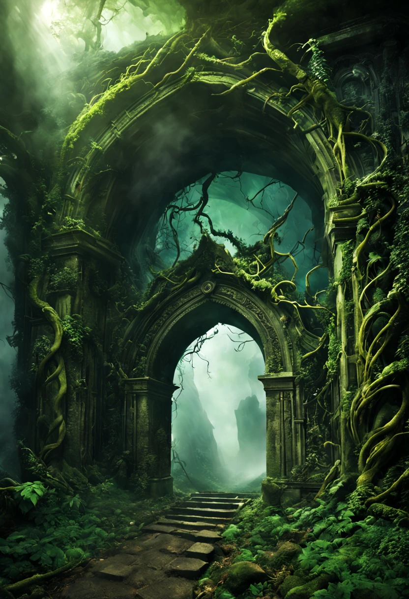   Lost History The Gate of Time and Space carries the Forgotten History，Take you back to ancient times，Explore a lost secret with an arched entrance to a carved stone fantasy world with intricate tangles of green vines、The art of entanglement is unpredictable and full of mystery. The forgotten gate of time and space connects the ancient gods. The magical world emits green light. Complex design. Mysterious mist.,Emitting a dim light, the portal of time and space carries mystery and unknown，Make you an explorer，Unveiling the veil of history，Explore an unknown world of otherworldly intricacies, 8k, Ultra high detail, masterpiece