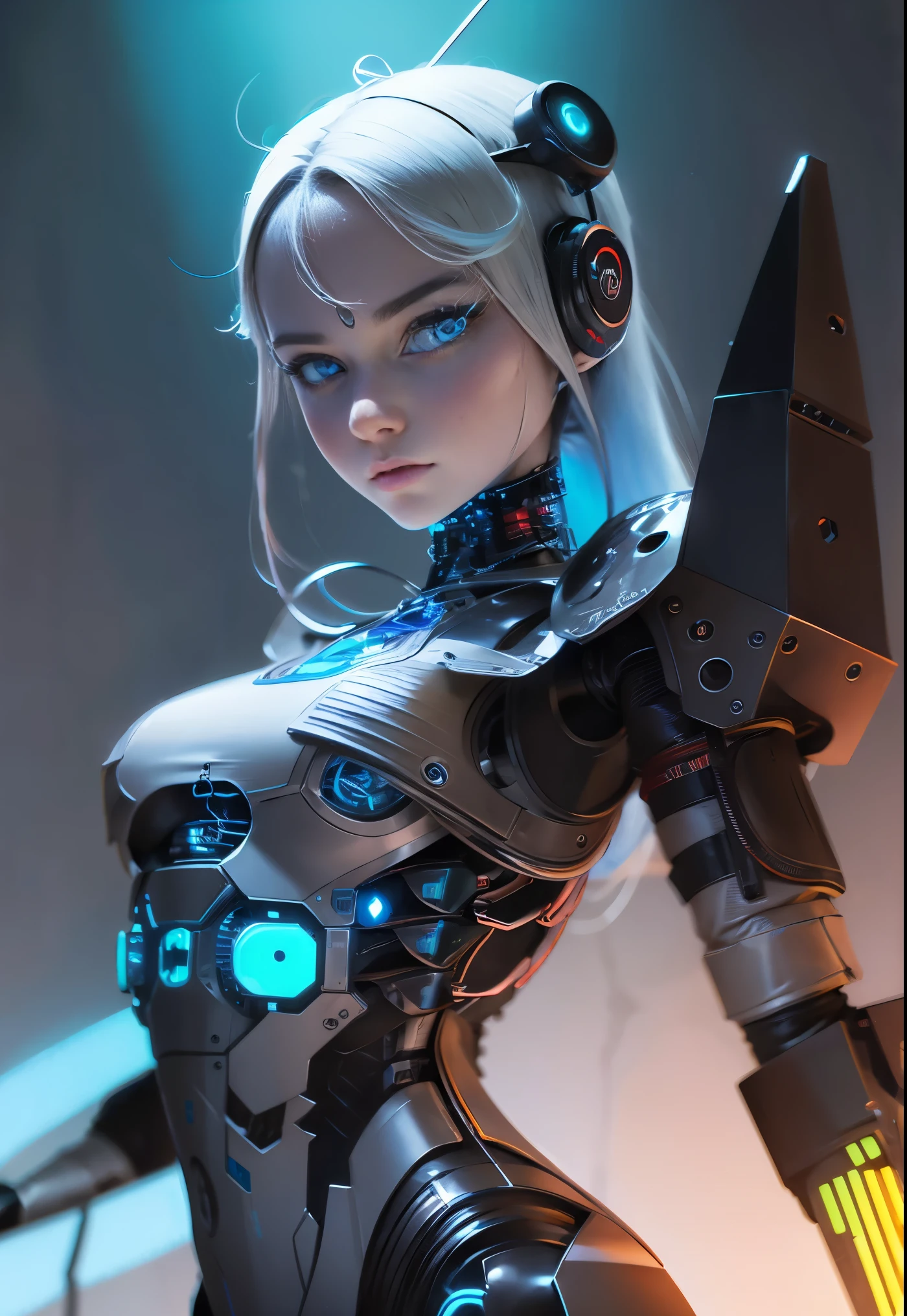 A humanoid robot with piercing neon blue eyes and wires extending from its mechanical body. --c 12 --s 850 --q 2