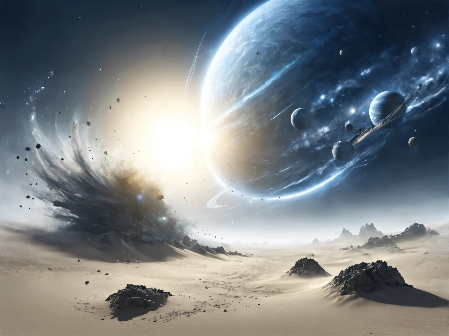 On a desert planet, among gray sands and stones, The Gates of Time and Space are rising, the wind blows around and drives clouds of gray sand, but the Gates of Time and Space emit cosmic energy and in this energy the silhouettes of distant planets and worlds with high technologies are visible, high detail, a high resolution, hyperrealistic, cinematic photography, (double exposure:1.3)