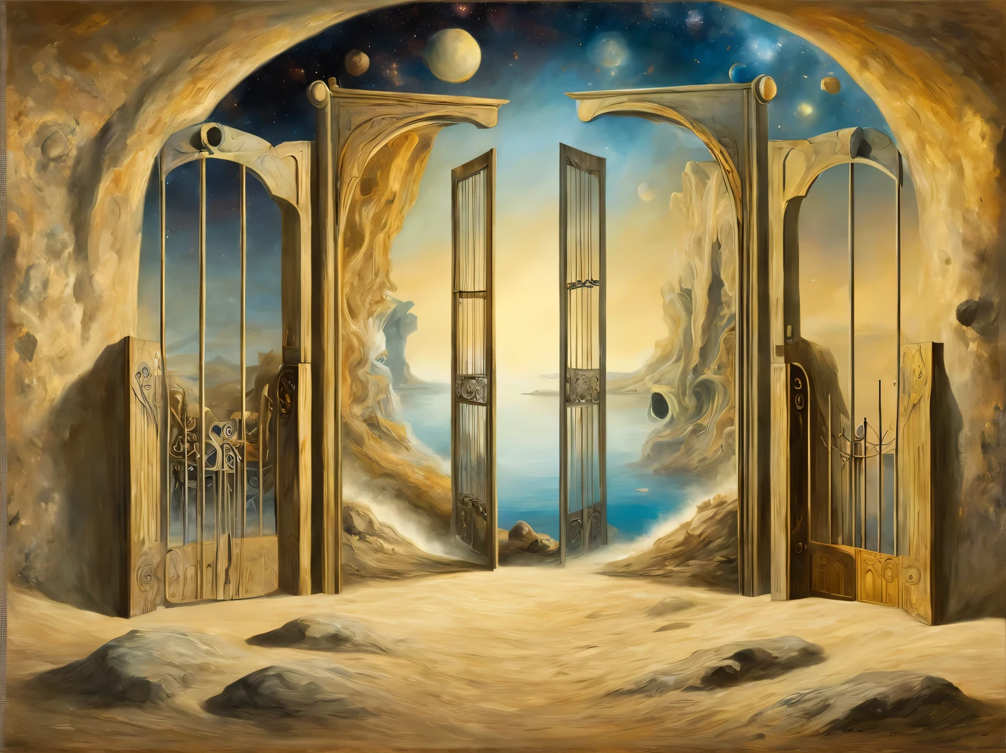 Invent and depict, what the Forgotten Gates of time and space would look like, if Salvador Dali wrote them.