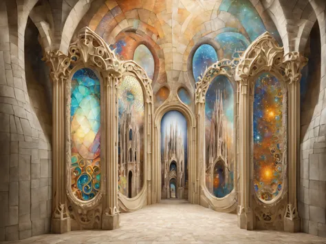 Invent and depict, what the Forgotten Gates of time and space would look like, if Antoni Gaudi painted them.