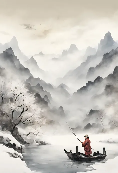 ink and watercolor painting），（Chinese landscape painting，Heavy snow in  winter），（An old man fishing on a boat, Dong Qichang super fine detail  painting, Instagram, Chinese painting style, ink and watercolor painting -  SeaArt AI