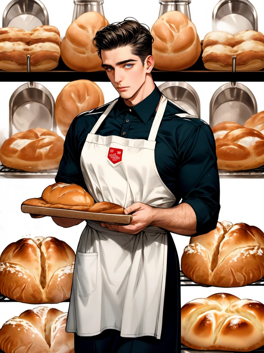 masterpiece, collage of a man baking bread, apron