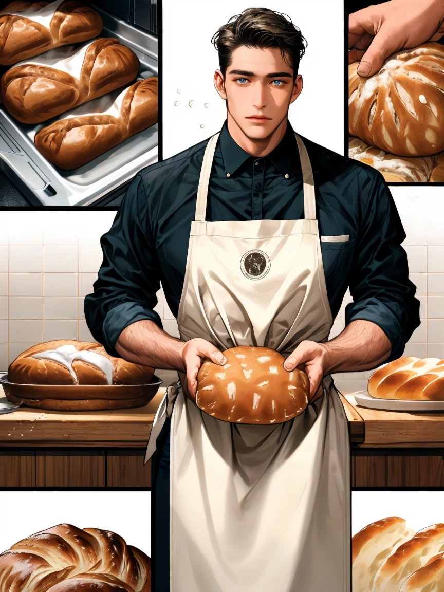 masterpiece, collage of a man baking bread, apron