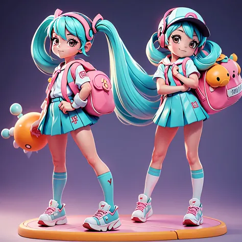 (dynamic angle:1.4), ((full body pose:1.5),hatsune miku,10 years old,hashikuji mayoi,school bag,school route,look back,huge