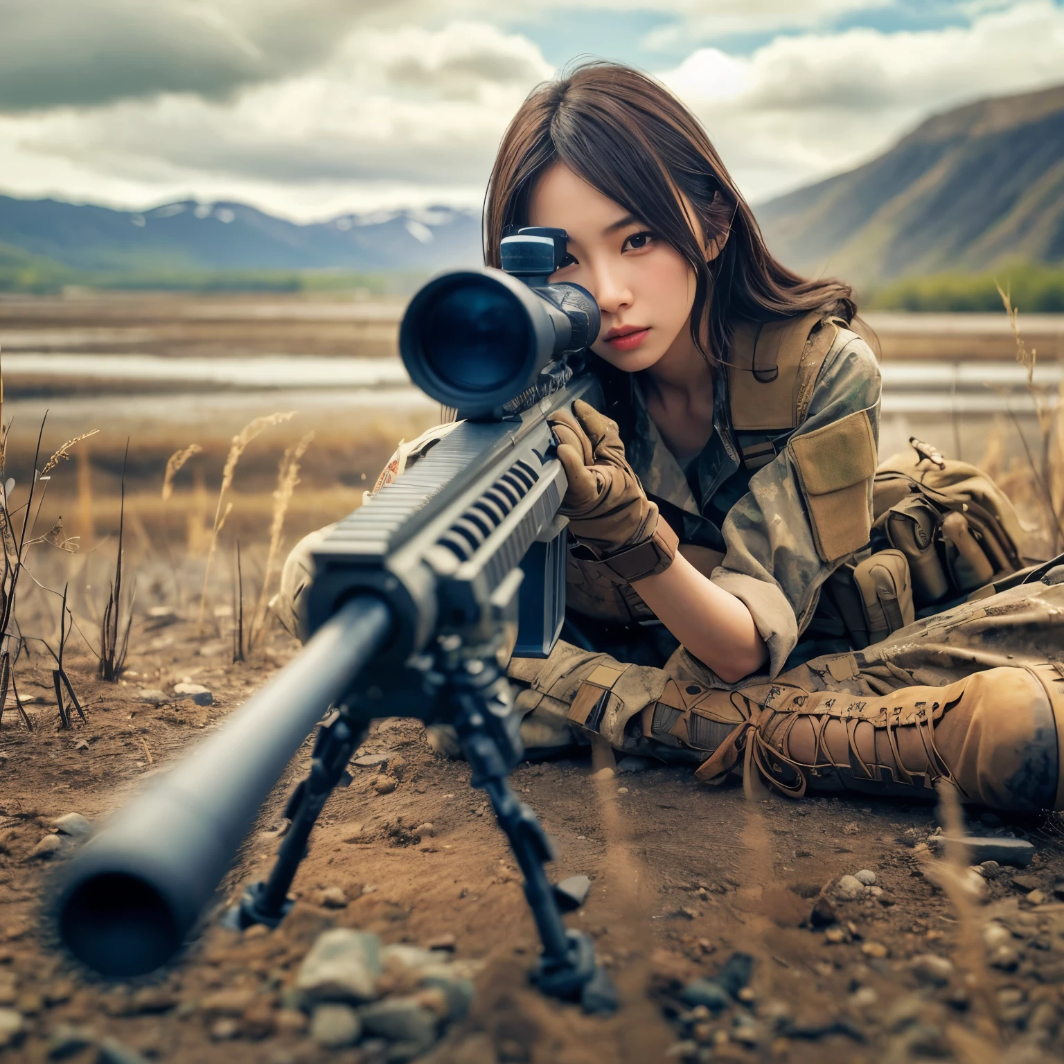 Fotorrealista、texturas de piel realistas、Una bella mujer japonesa perteneciente al ejército estadounidense apunta con un rifle de francotirador..、De pie、sobre los escombros、humo de polvo marrón、Poses de acción con movimiento.、Imagen desde arriba