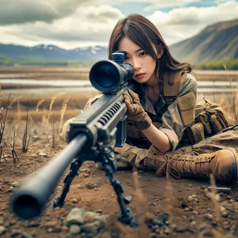 photorealistic、Realistic skin textures、A beautiful Japanese woman belonging to the American military is aiming with a sniper rif...