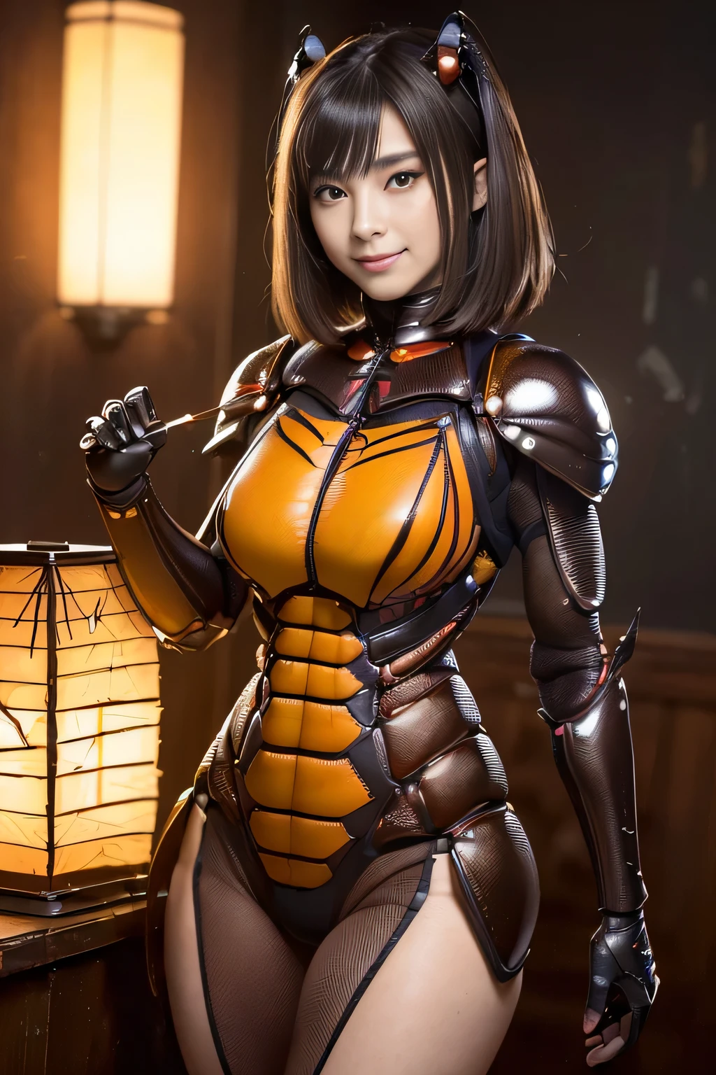 (High resolution,masterpiece,highest quality,Very detailed CG, anime, official art:1.4), realistic, photograph, amazing detail, all complicated, luster and luster,great many layers, 8k wallpaper, 3D, sketch, cute, figure,( alone:1.4), perfect female proportions,villain&#39;s daughter, (Fusion of dark brown cockroach and lady:1.4), (brown cockroach form lady:1.2), (brown cockroach woman:1.2), (Fusion:1.2), (alone:1.4), (evil smile:1.2), muscular, abs, (Cockroach brown exoskeleton bio insect suit:1.4), (Cockroach brown exoskeleton bio insect armor:1.2), (brown transparent cockroach feathers:1.4), (brown cockroach antenna:1.3),