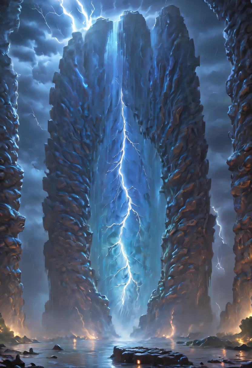 Night of heavy rain，Lightning and lightning，A few weathered stone pillars stand alone in the flood，Spliced into door shape，The mottled alien text flashes with a faint blue light，Heavy rain like waterfall，muddy river，The raging flood is about to submerge the ancient and mysterious portal