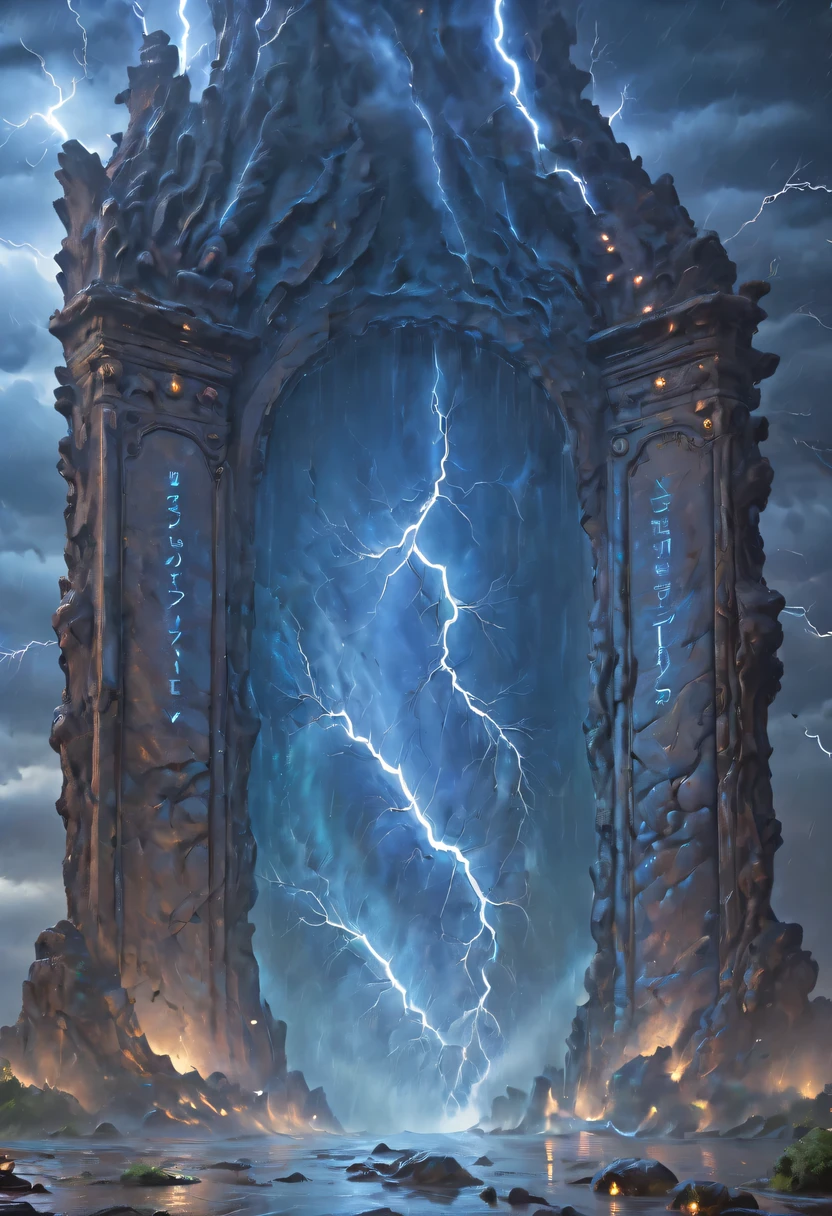 Night of heavy rain，Lightning and lightning，A few weathered stone pillars stand alone in the flood，Spliced into door shape，The mottled alien text flashes with a faint blue light，Heavy rain like waterfall，muddy river，The raging flood is about to submerge the ancient and mysterious portal