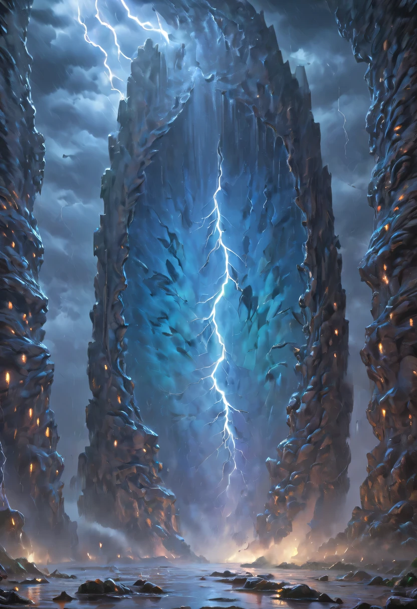 Night of heavy rain，Lightning and lightning，A few weathered stone pillars stand alone in the flood，Spliced into door shape，The mottled alien text flashes with a faint blue light，Heavy rain like waterfall，muddy river，The raging flood is about to submerge the ancient and mysterious portal