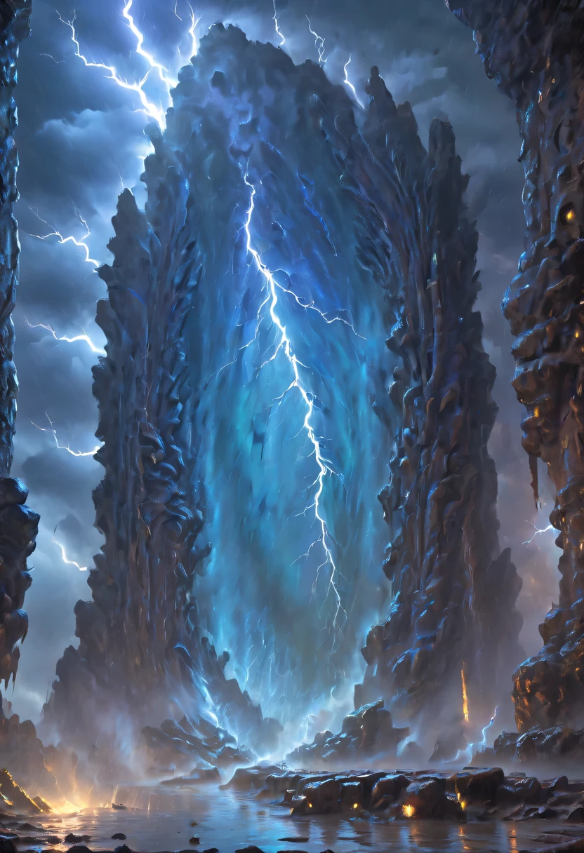Night of heavy rain，Lightning and lightning，A few weathered stone pillars stand alone in the flood，Spliced into door shape，The mottled alien text flashes with a faint blue light，Heavy rain like waterfall，muddy river，The raging flood is about to submerge the ancient and mysterious portal
