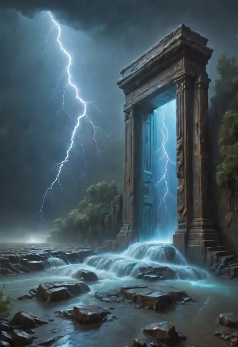 night of heavy rain，lightning and lightning，a few weathered stone pillars stand alone in the flood，spliced into door shape，the m...