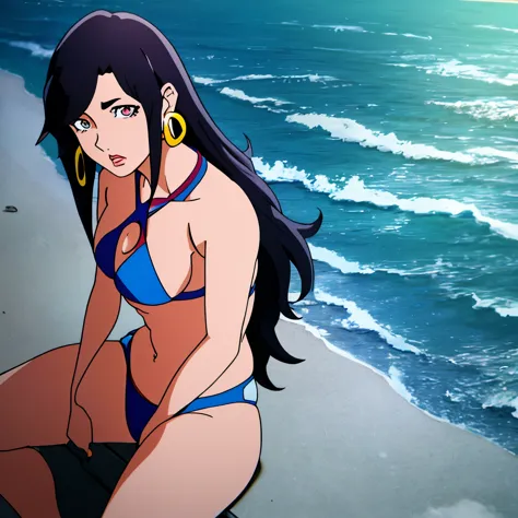 masterpiece, highest quality,comics,be familiar with,cinematic composition, cinematic lighting,1 girl,sitting,alone,beach,blue bikini,looking at the viewer,cowboy shot ,beautiful art style,ultra-be familiar withblack hair, multicolored eyes, symbol-shaped ...