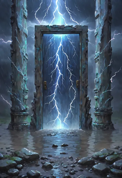 night of heavy rain，lightning and lightning，a few weathered stone pillars stand alone in the flood，spliced into door shape，the m...