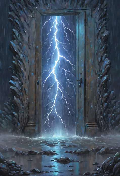 Night of heavy rain，Lightning and lightning，A few weathered stone pillars stand alone in the flood，Spliced into door shape，The m...